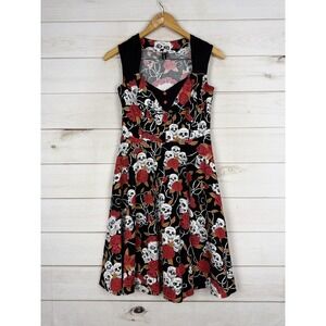 Sourpuss Dress Womens Medium Black Skull Rose Fit Flare V Neck Pin Up Gothic
